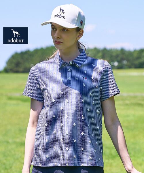 adabat(アダバット)の「【ADABAT NAVY】モノグラムサッカー半袖ポロシャツ(ポロシャツ・レディース・ホワイト系3/ブルー系その他・40/38/42)」の1枚目の写真