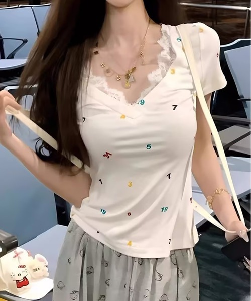 AsheKsha（アシクシャ）の「レースパッチワークのVネック半袖（Tシャツ/カットソー・レディース・ベージュ・M）」の6枚目の写真