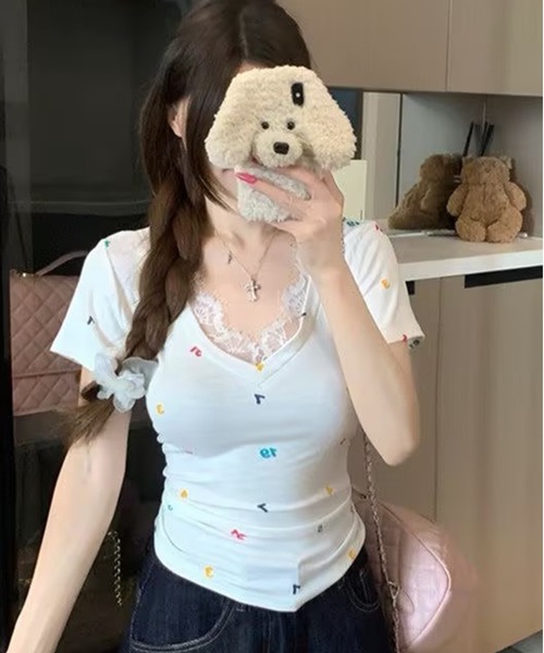 AsheKsha（アシクシャ）の「レースパッチワークのVネック半袖（Tシャツ/カットソー・レディース・ベージュ・M）」の8枚目の写真