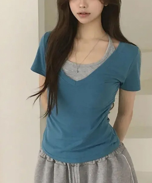 Emilie(エミリー)の「ホルターネックドッキング スリムフィット 半袖Tシャツ(Tシャツ/カットソー・レディース・ブルー/グレー/ブラック/チャコールグレー・FREE)」の19枚目の写真