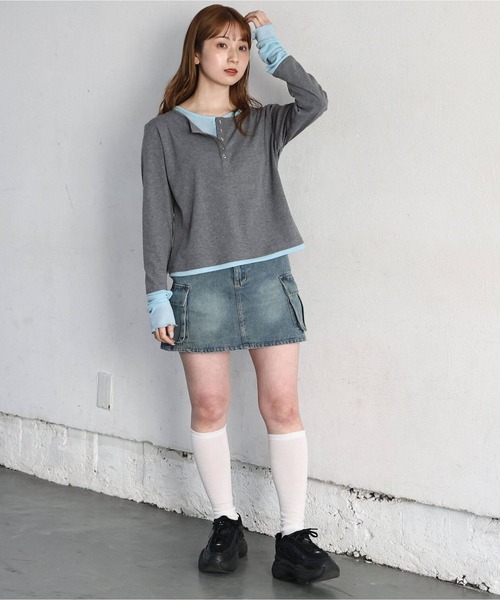 tiptop(ティップトップ)の「【ZOZO限定カラーあり】配色シアー×ヘンリーネックレイヤードロンT(Tシャツ/カットソー・レディース・ブラック/グレー系その他/オフホワイト/ブラウン/チャコールグレー・FREE)」の13枚目の写真