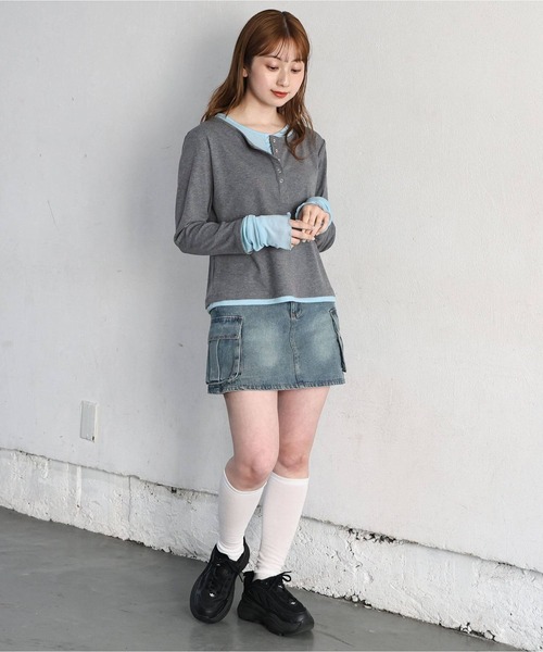 tiptop(ティップトップ)の「【ZOZO限定カラーあり】配色シアー×ヘンリーネックレイヤードロンT(Tシャツ/カットソー・レディース・ブラック/グレー系その他/オフホワイト/ブラウン/チャコールグレー・FREE)」の14枚目の写真