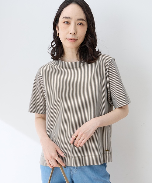 DECOY SINCE 1981(デコイシンスイチキュウハチイチ)の「トリコットストライプ5分袖Tシャツ【接触冷感・UVカット】(Tシャツ/カットソー・レディース・チャコールグレー/ブラック/ブラウン・LL/3L/4L/M/L)」の3枚目の写真