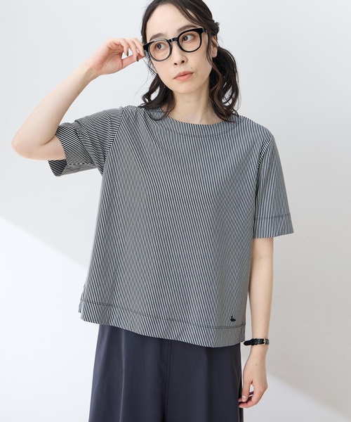 DECOY SINCE 1981(デコイシンスイチキュウハチイチ)の「トリコットストライプ5分袖Tシャツ【接触冷感・UVカット】(Tシャツ/カットソー・レディース・チャコールグレー/ブラック/ブラウン・LL/3L/4L/M/L)」の2枚目の写真