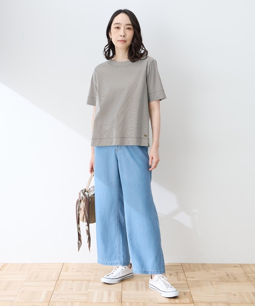 DECOY SINCE 1981(デコイシンスイチキュウハチイチ)の「トリコットストライプ5分袖Tシャツ【接触冷感・UVカット】(Tシャツ/カットソー・レディース・チャコールグレー/ブラック/ブラウン・LL/3L/4L/M/L)」の8枚目の写真
