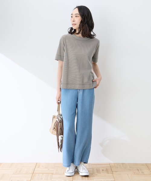 DECOY SINCE 1981(デコイシンスイチキュウハチイチ)の「トリコットストライプ5分袖Tシャツ【接触冷感・UVカット】(Tシャツ/カットソー・レディース・チャコールグレー/ブラック/ブラウン・LL/3L/4L/M/L)」の9枚目の写真