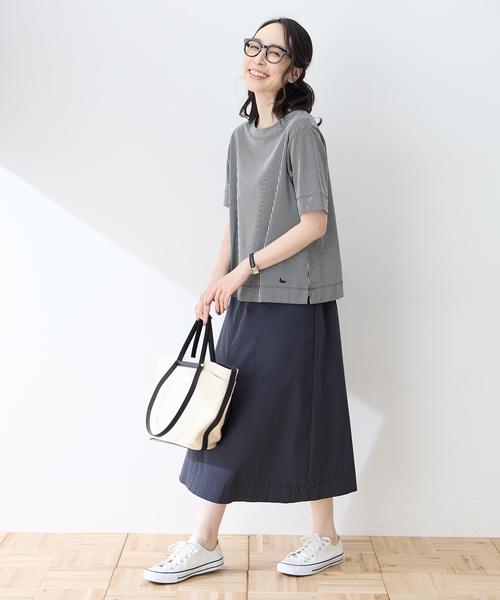 DECOY SINCE 1981(デコイシンスイチキュウハチイチ)の「トリコットストライプ5分袖Tシャツ【接触冷感・UVカット】(Tシャツ/カットソー・レディース・チャコールグレー/ブラック/ブラウン・LL/3L/4L/M/L)」の10枚目の写真