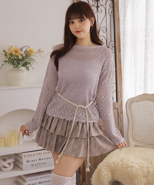 Anely(アネリー)の「【2点セット】透かし編みニット&キャミソール(ニット/セーター・レディース・グレイッシュベージュ/ラベンダー/アイボリー・FREE)」の3枚目の写真