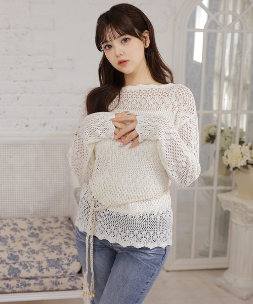 Anely(アネリー)の「【2点セット】透かし編みニット&キャミソール(ニット/セーター・レディース・グレイッシュベージュ/ラベンダー/アイボリー・FREE)」の5枚目の写真