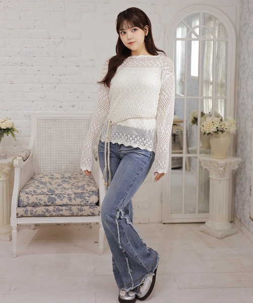 Anely(アネリー)の「【2点セット】透かし編みニット&キャミソール(ニット/セーター・レディース・グレイッシュベージュ/ラベンダー/アイボリー・FREE)」の6枚目の写真
