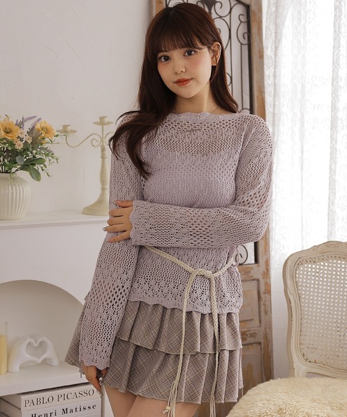 Anely(アネリー)の「【2点セット】透かし編みニット&キャミソール(ニット/セーター・レディース・グレイッシュベージュ/ラベンダー/アイボリー・FREE)」の10枚目の写真