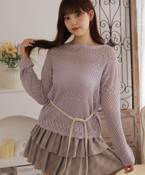 Anely(アネリー)の「【2点セット】透かし編みニット&キャミソール(ニット/セーター・レディース・グレイッシュベージュ/ラベンダー/アイボリー・FREE)」の12枚目の写真