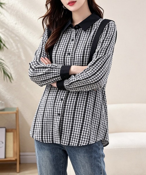 ONEP STAR(ワンピスター)の「配色切り替えチェック柄長袖シャツ レディース トップス(シャツ/ブラウス・レディース・A/B・X-LARGE/LARGE)」の6枚目の写真