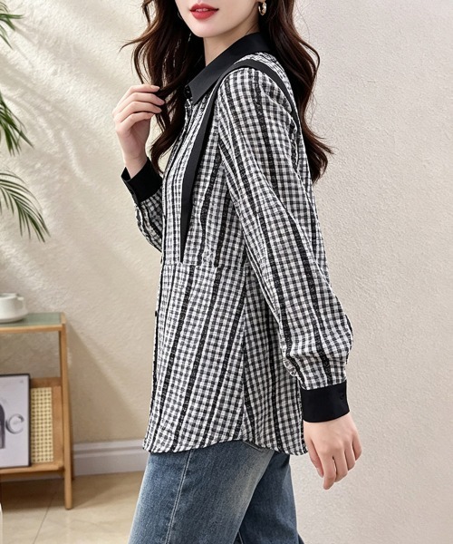 ONEP STAR(ワンピスター)の「配色切り替えチェック柄長袖シャツ レディース トップス(シャツ/ブラウス・レディース・A/B・X-LARGE/LARGE)」の10枚目の写真