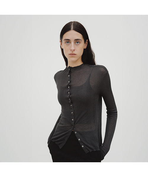 MOHAN（モハン）の「TIF HIGH-NECK RIBBED CARDIGAN_4COLORS（カーディガン/ボレロ・レディース・チャコールグレー/ベージュ/ブラウン/ライトグレー・LARGE/SMALL/MEDIUM）」の2枚目の写真