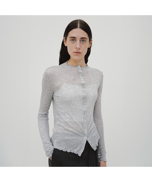 MOHAN（モハン）の「TIF HIGH-NECK RIBBED CARDIGAN_4COLORS（カーディガン/ボレロ・レディース・チャコールグレー/ベージュ/ブラウン/ライトグレー・LARGE/SMALL/MEDIUM）」の3枚目の写真