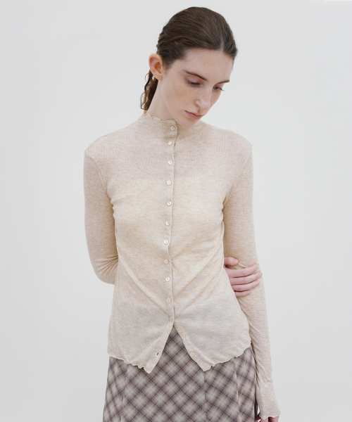 MOHAN（モハン）の「TIF HIGH-NECK RIBBED CARDIGAN_4COLORS（カーディガン/ボレロ・レディース・チャコールグレー/ベージュ/ブラウン/ライトグレー・LARGE/SMALL/MEDIUM）」の8枚目の写真