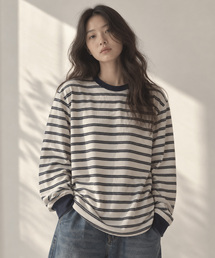 ストライプビスケット長袖Tシャツ アイボリー