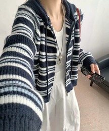 マルチボーダーフード付きジップカーディガン