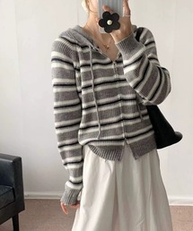 マルチボーダーフード付きジップカーディガン