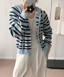 マルチボーダーフード付きジップカーディガン