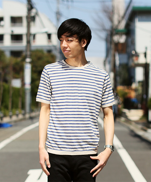 quadro（クオドロ）の「ラミー綿撚杢ボーダー半袖クルーtee（Tシャツ/カットソー・メンズ・スミクロ/ブルー・MEDIUM/LARGE）」の2枚目の写真