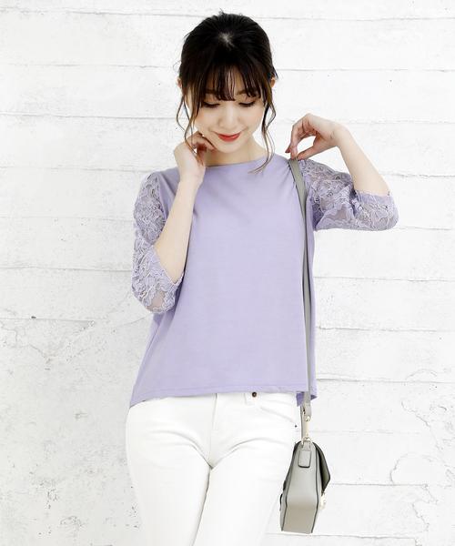 Girly Doll(ガーリードール)の「袖レースカットソー(Tシャツ/カットソー・レディース・ブラック/ホワイト/グレー/パープル/イエロー/ピンクベージュ・M/L/XL)」の1枚目の写真