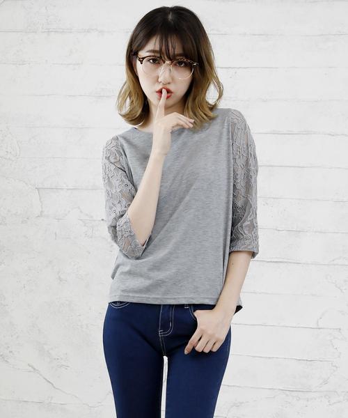 Girly Doll(ガーリードール)の「袖レースカットソー(Tシャツ/カットソー・レディース・ブラック/ホワイト/グレー/パープル/イエロー/ピンクベージュ・M/L/XL)」の4枚目の写真
