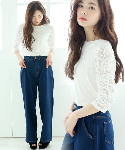 Girly Doll(ガーリードール)の「袖レースカットソー(Tシャツ/カットソー・レディース・ブラック/ホワイト/グレー/パープル/イエロー/ピンクベージュ・M/L/XL)」の2枚目の写真