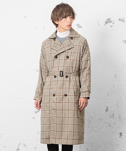 MinoriTY(マイノリティ)の「レトロチェックビッグトレンチコート ビッグシルエット スプリングコート(トレンチコート)」|ブラウン系その他