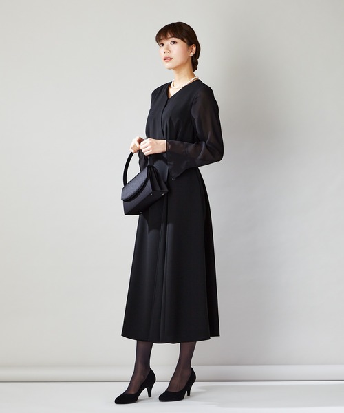 前開きファスナーAラインシルエットブラックフォーマルワンピース スーツ 喪服 喪服・礼服】【WEB限定】前開きファスナーAラインシルエット