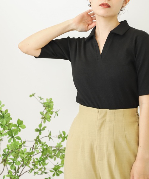 SENSE OF PLACE by URBAN RESEARCH（センスオブプレイスバイアーバンリサーチ）の「ポロカラーリブショートトップ（Tシャツ/カットソー・レディース・ライトブルー/ブラック/オフホワイト・ONE）」の2枚目の写真