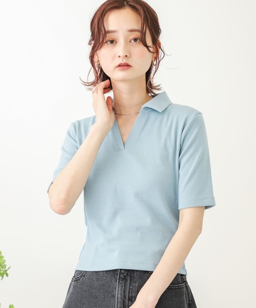 SENSE OF PLACE by URBAN RESEARCH（センスオブプレイスバイアーバンリサーチ）の「ポロカラーリブショートトップ（Tシャツ/カットソー・レディース・ライトブルー/ブラック/オフホワイト・ONE）」の17枚目の写真