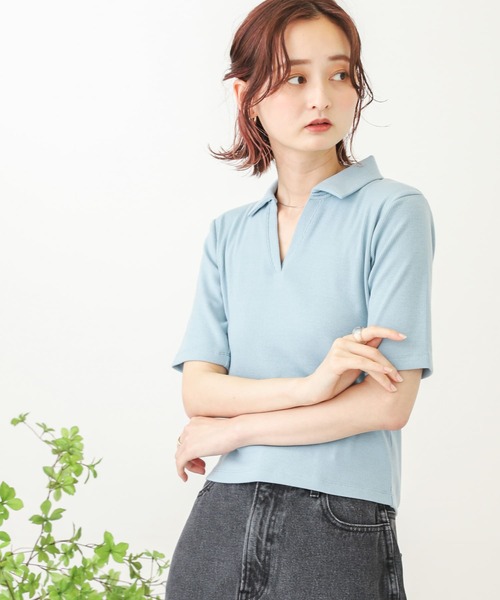 SENSE OF PLACE by URBAN RESEARCH（センスオブプレイスバイアーバンリサーチ）の「ポロカラーリブショートトップ（Tシャツ/カットソー・レディース・ライトブルー/ブラック/オフホワイト・ONE）」の18枚目の写真