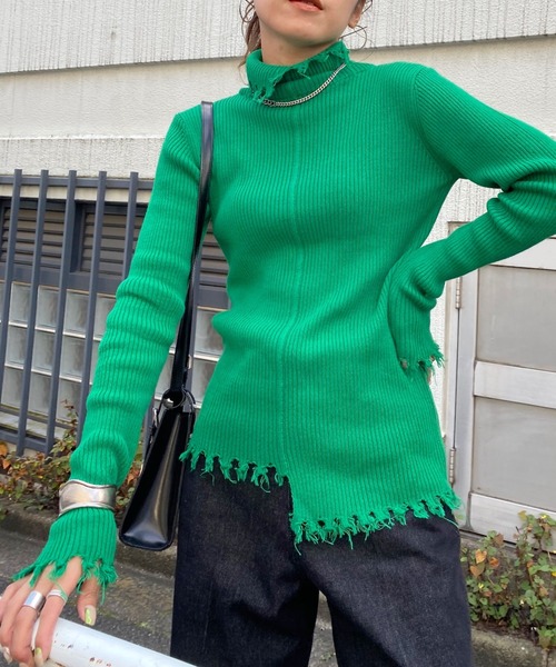 WHO'S WHO gallery（フーズフーギャラリー）の「ダメージスライドリブニット（ニット/セーター・レディース・ブラック/オフホワイト/ライム/オレンジ/ブルー/グリーン・FREE）」の13枚目の写真