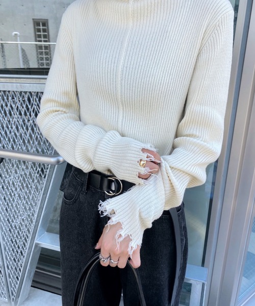 WHO'S WHO gallery（フーズフーギャラリー）の「ダメージスライドリブニット（ニット/セーター・レディース・ブラック/オフホワイト/ライム/オレンジ/ブルー/グリーン・FREE）」の20枚目の写真