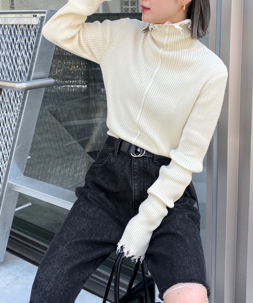 WHO'S WHO gallery（フーズフーギャラリー）の「ダメージスライドリブニット（ニット/セーター・レディース・ブラック/オフホワイト/ライム/オレンジ/ブルー/グリーン・FREE）」の18枚目の写真