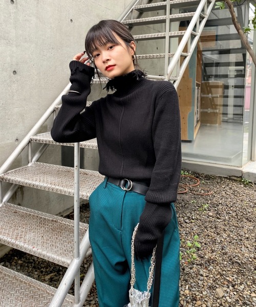 WHO'S WHO gallery（フーズフーギャラリー）の「ダメージスライドリブニット（ニット/セーター・レディース・ブラック/オフホワイト/ライム/オレンジ/ブルー/グリーン・FREE）」の22枚目の写真