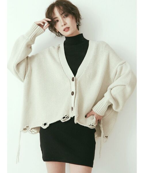 GYDA（ジェイダ）の「ダメージLOOSE ニット カーディガン（カーディガン/ボレロ・レディース・チャコールグレー/アイボリー・FREE）」の5枚目の写真