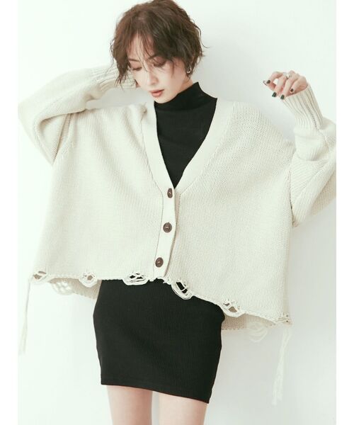 GYDA（ジェイダ）の「ダメージLOOSE ニット カーディガン（カーディガン/ボレロ・レディース・チャコールグレー/アイボリー・FREE）」の6枚目の写真