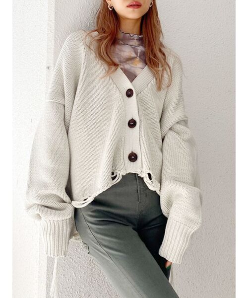 GYDA（ジェイダ）の「ダメージLOOSE ニット カーディガン（カーディガン/ボレロ・レディース・チャコールグレー/アイボリー・FREE）」の12枚目の写真