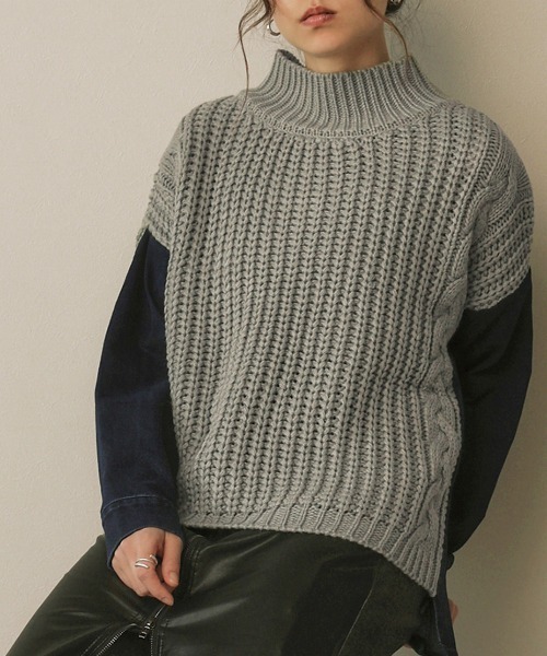 Bou Jeloud(ブージュルード)の「モックネックデニムコンビニット(ニット/セーター・レディース・ブラック/ベージュ/グレー/マスタード・FREE)」の11枚目の写真