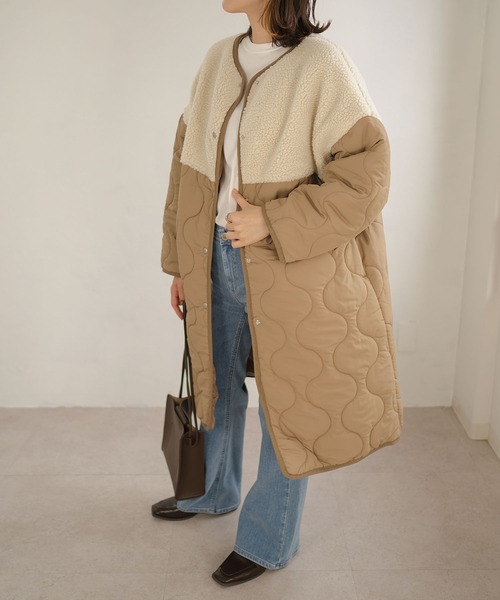 ＡＮＤＪ（アンドジェイ）の「ボア切替キルティングノーカラーコート（ダウンジャケット/コート・レディース・カーキ/モカ・M）」の6枚目の写真