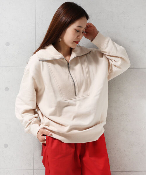 fredy repit(フレディレピ)の「ハーフZIPオーバーサイズ プルオーバーカットソー(スウェット・レディース・オレンジ/チャコールグレー/アイボリー・38)」の11枚目の写真