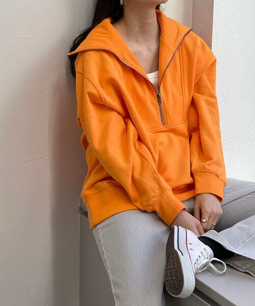 fredy repit(フレディレピ)の「ハーフZIPオーバーサイズ プルオーバーカットソー(スウェット・レディース・オレンジ/チャコールグレー/アイボリー・38)」の21枚目の写真