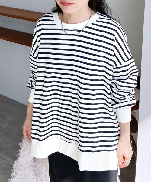 reca(レカ)の「サイドスリットボーダートップス(Tシャツ/カットソー・レディース・ブラック系その他/ブラック/グレー/ベージュ系その他/ホワイト系その他/ネイビー/オリーブ/ボルドー・FREE)」の22枚目の写真
