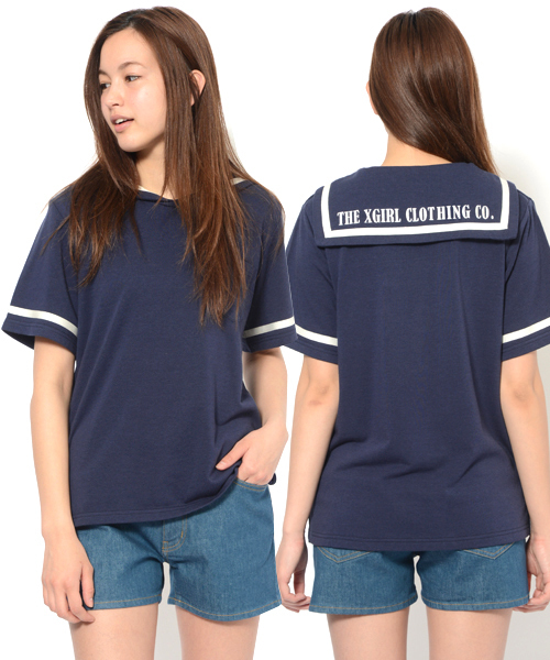 X-girl（エックスガール）の「SAILOR COLLAR TOP（Tシャツ/カットソー・レディース・ホワイト/ネイビー・1/2）」の2枚目の写真