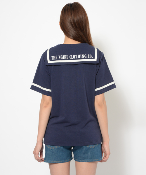 X-girl（エックスガール）の「SAILOR COLLAR TOP（Tシャツ/カットソー・レディース・ホワイト/ネイビー・1/2）」の5枚目の写真