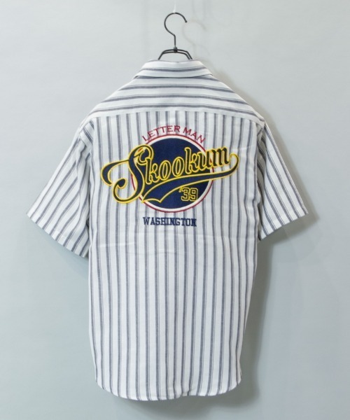 SKOOKUM（スクーカム）の「SKOOKUM×JEサークル刺繍ストライプSSシャツ（シャツ/ブラウス・メンズ・ホワイト/ネイビー/ブルー・M/L）」の4枚目の写真