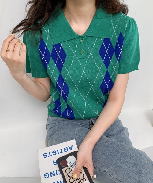 Diosfront(ディオスフロント)の「衿付きジャガードニットポロシャツ(ポロシャツ・レディース・ベージュ/チャコールグレー/グリーン・FREE)」の13枚目の写真